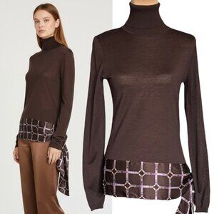Bally Switzerland Turtleneck Sweater Sz 6 Brown Wool Silk Sash Luxury Old Money